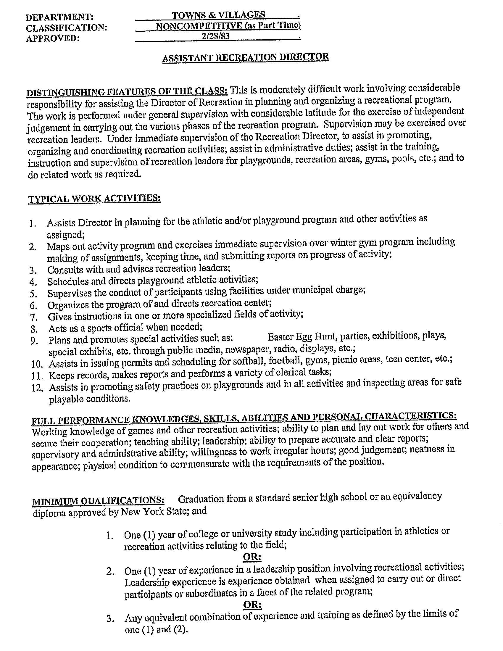 WILSON SUMMER RECREATION - RECREATION ASSISTANT DIRECTOR APPLICATION