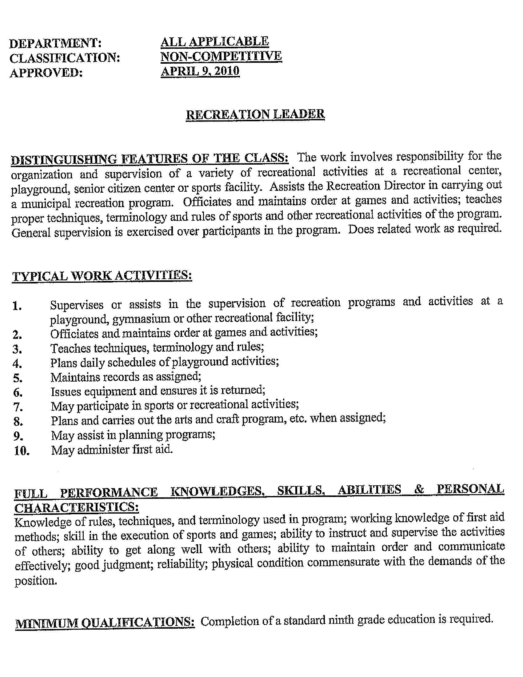 SUMMER RECREATION JOB APPLICATION - RECREATION LEADER